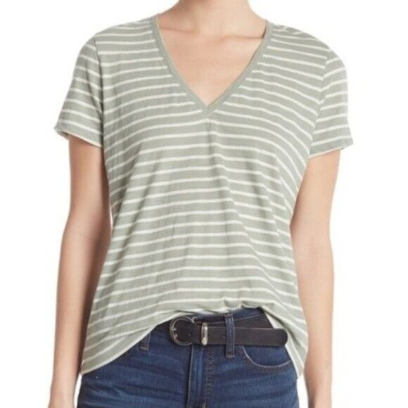 Madewell Tops - Madewell Striped V-Neck T-Shirt Light Green & Ivory Soft Lightweight 100% Cotton